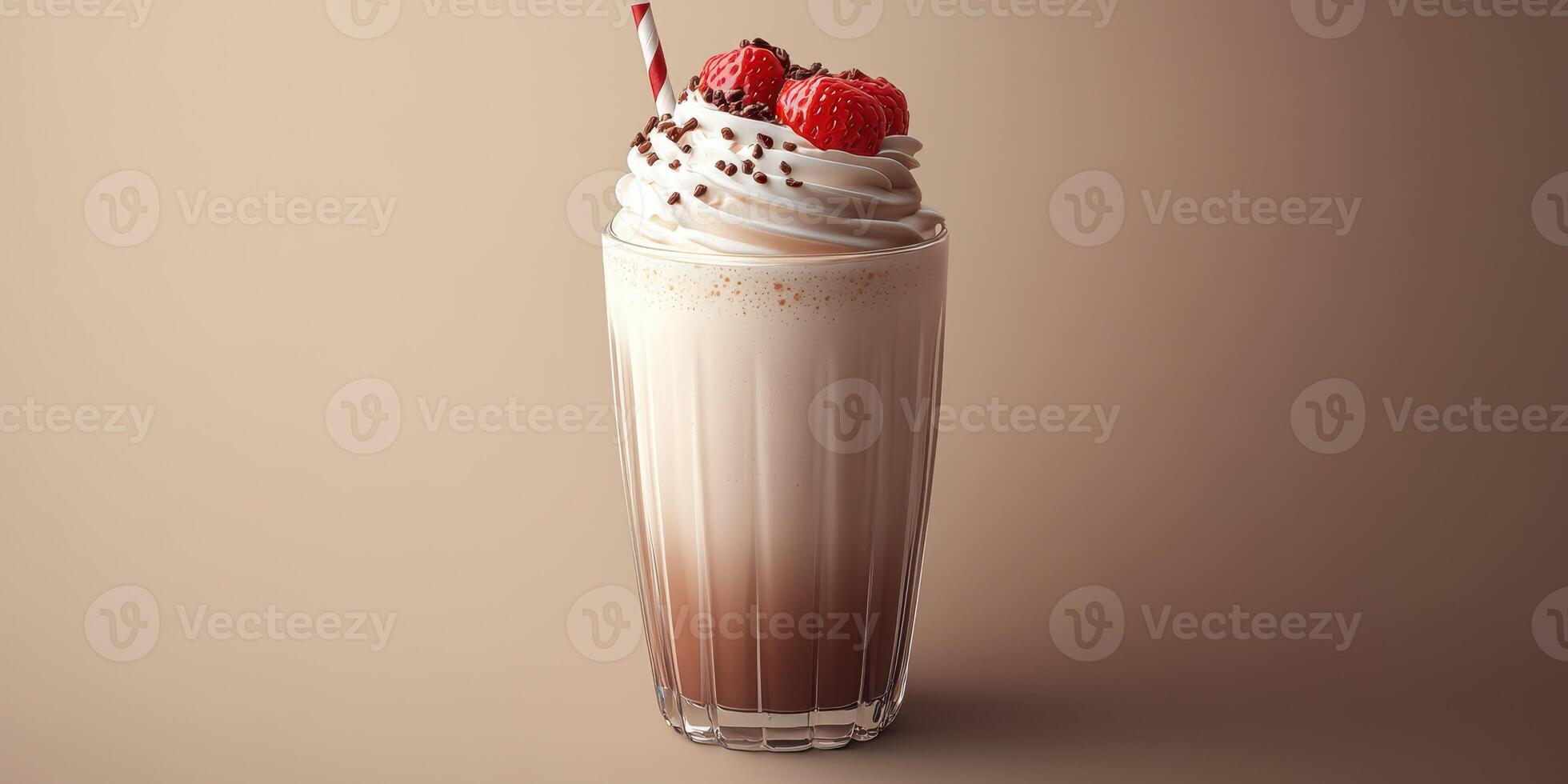 Dessert milkshake topped with whipped cream, raspberries, and chocolate, served in a glass with a straw photo