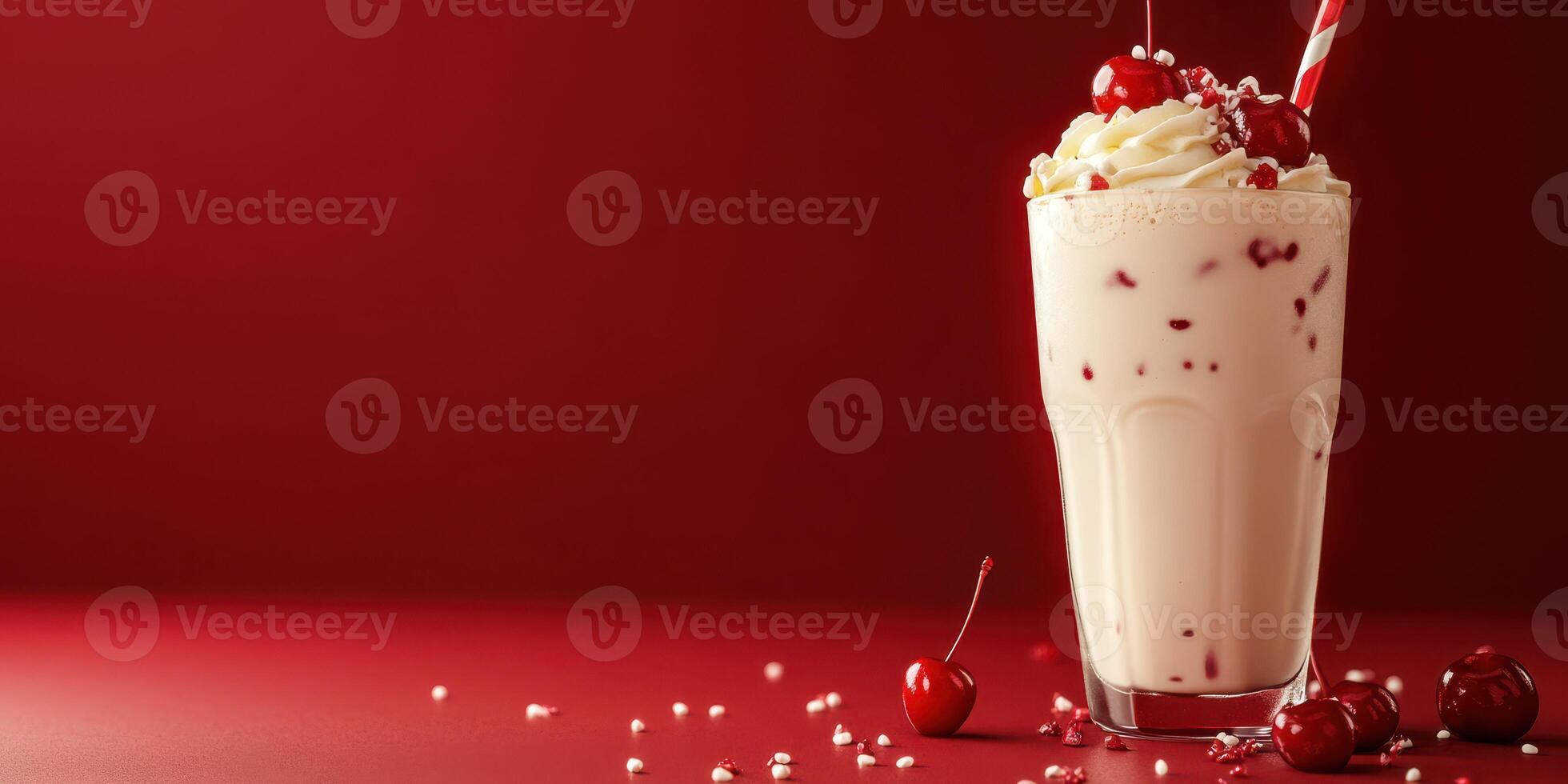 Milkshake topped with cherries and whipped cream sits on a red surface with scattered cherries nearby photo