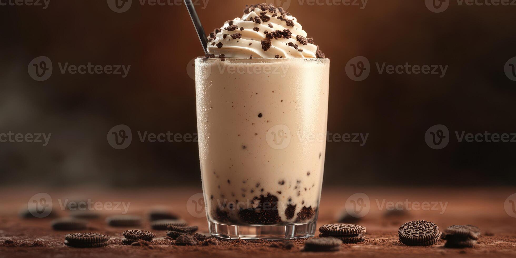 Creamy dessert blended with crushed cookies served in a glass against a rustic background photo