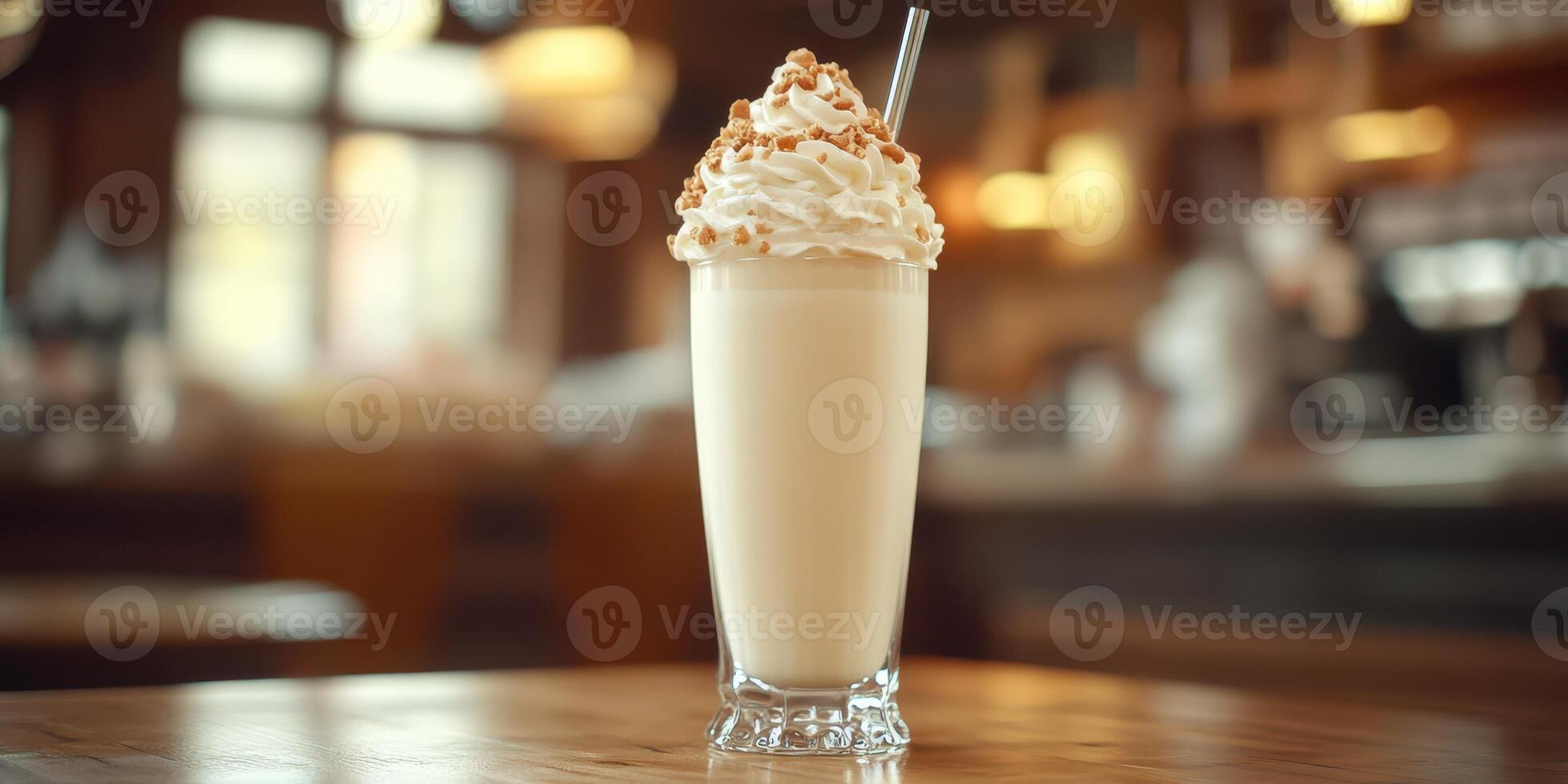 Creamy milkshake topped with whipped cream and nuts in a cozy cafe setting during afternoon hours photo
