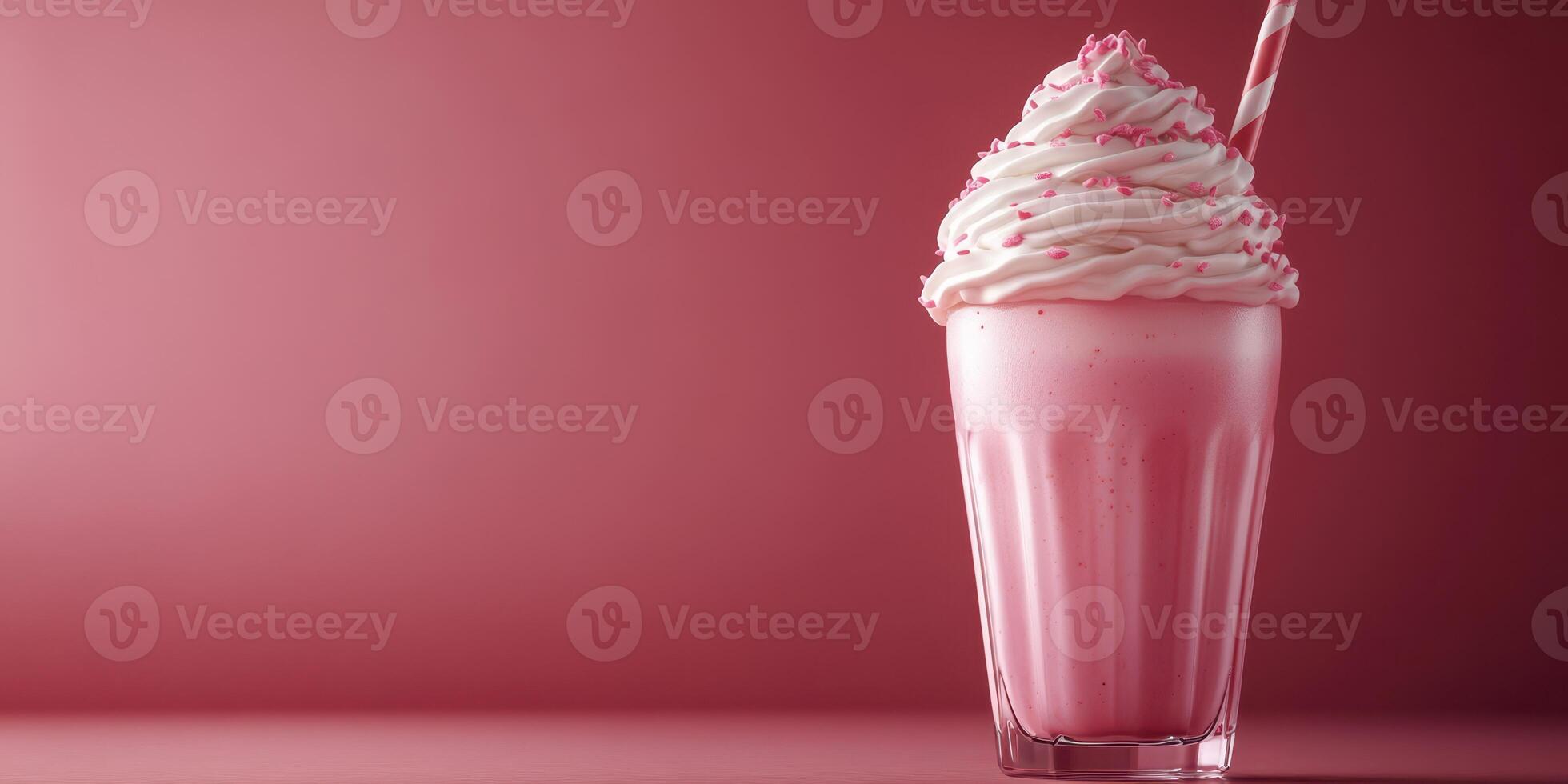 Creamy pink milkshake topped with whipped cream and sprinkles in a glass against a pastel background photo