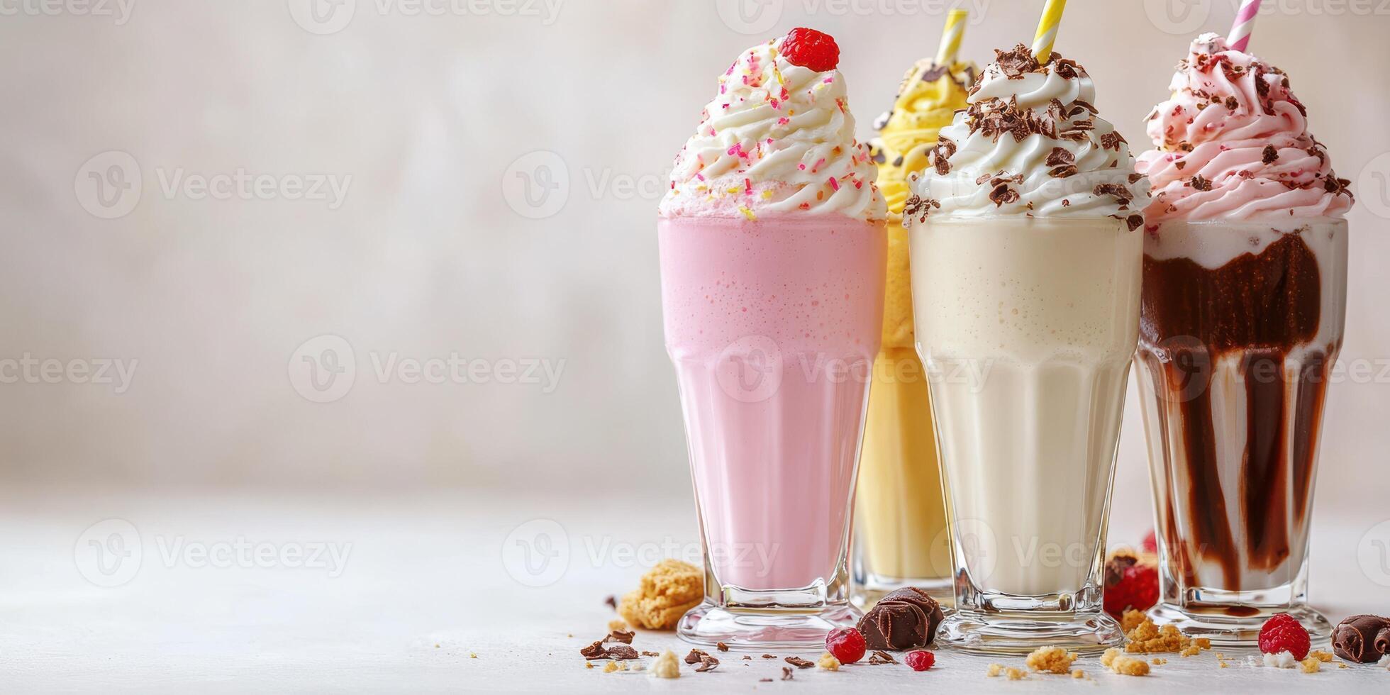 Creamy desserts in colorful glasses showcase a delightful selection of milkshakes with toppings and syrup photo