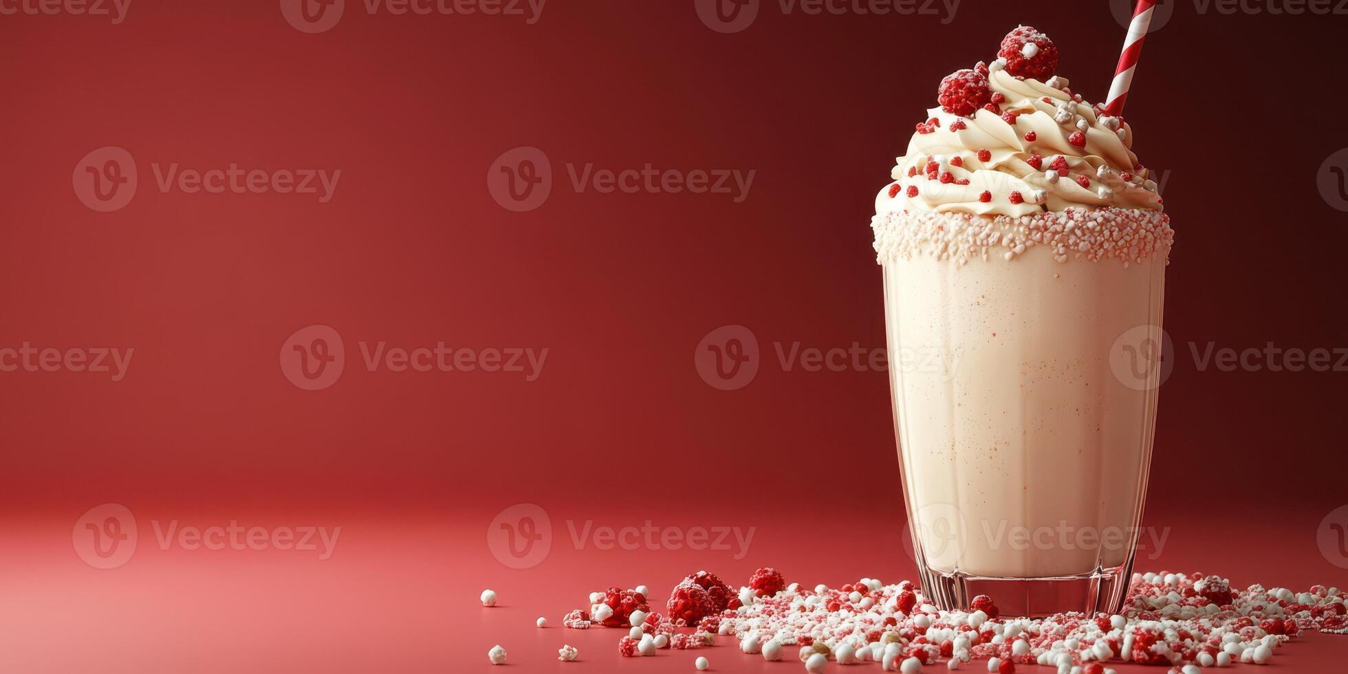 Delicious dessert milkshake adorned with whipped cream, raspberries, and sprinkles on a vibrant red background photo