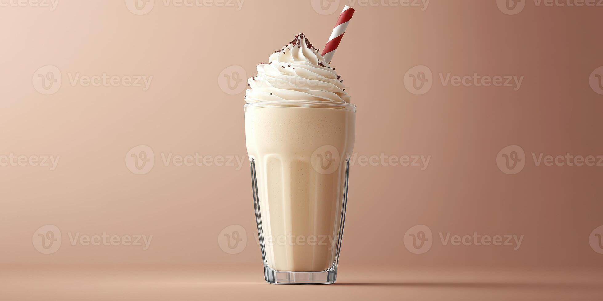 Creamy milkshake in a tall glass with whipped cream and a striped straw placed on a soft pastel backdrop photo