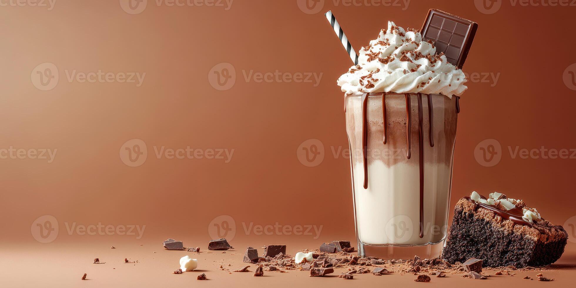 Decadent chocolate milkshake topped with whipped cream and chocolate garnishes in a creative layout photo
