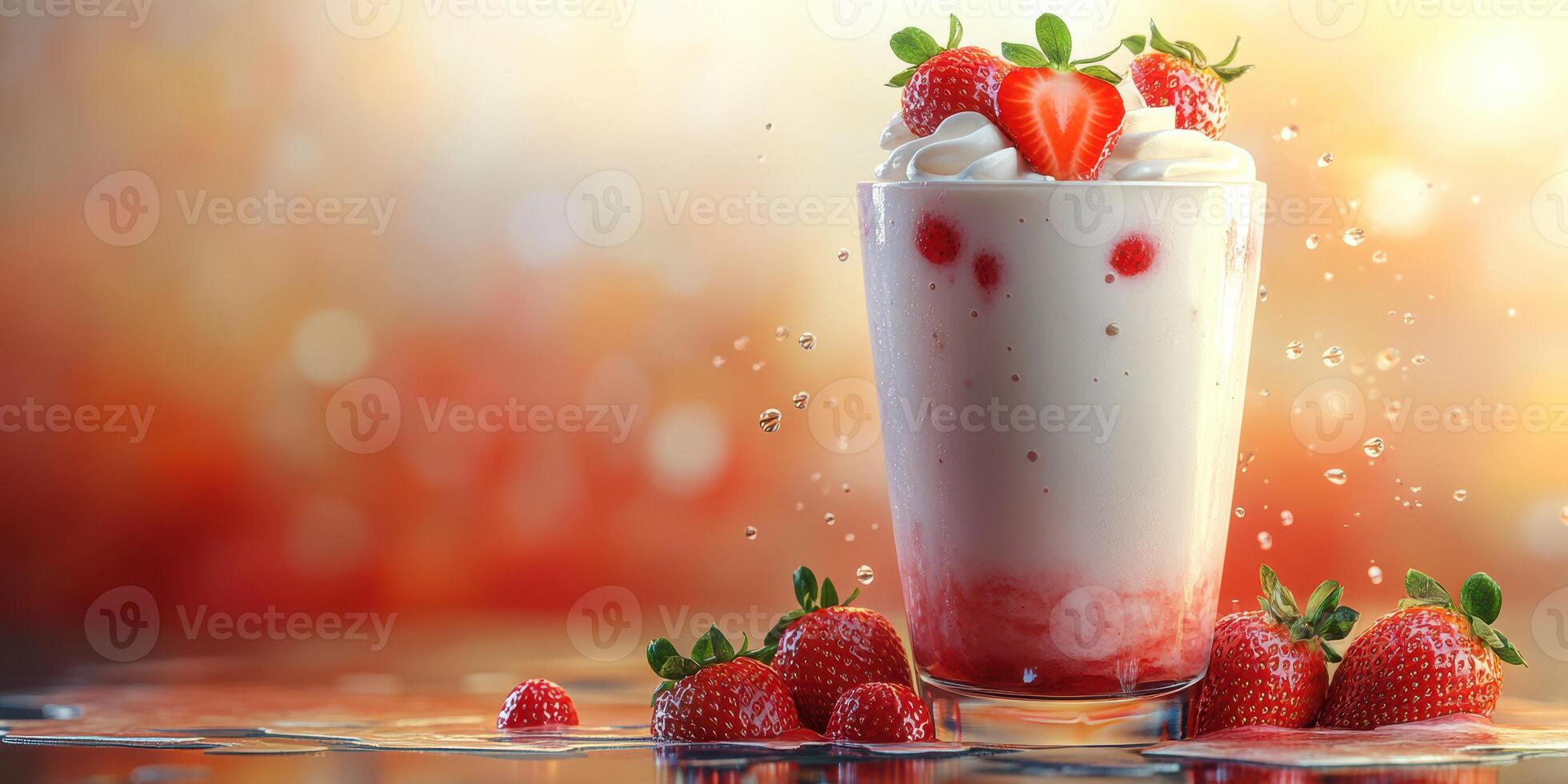 Creamy strawberry milkshake with fresh strawberries garnishing in a vibrant setting photo