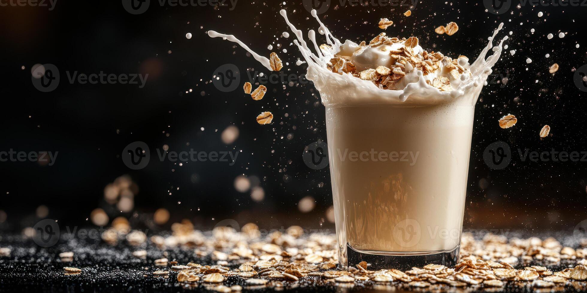 Creamy oat drink splashes attractively with scattered oats on a dark background photo