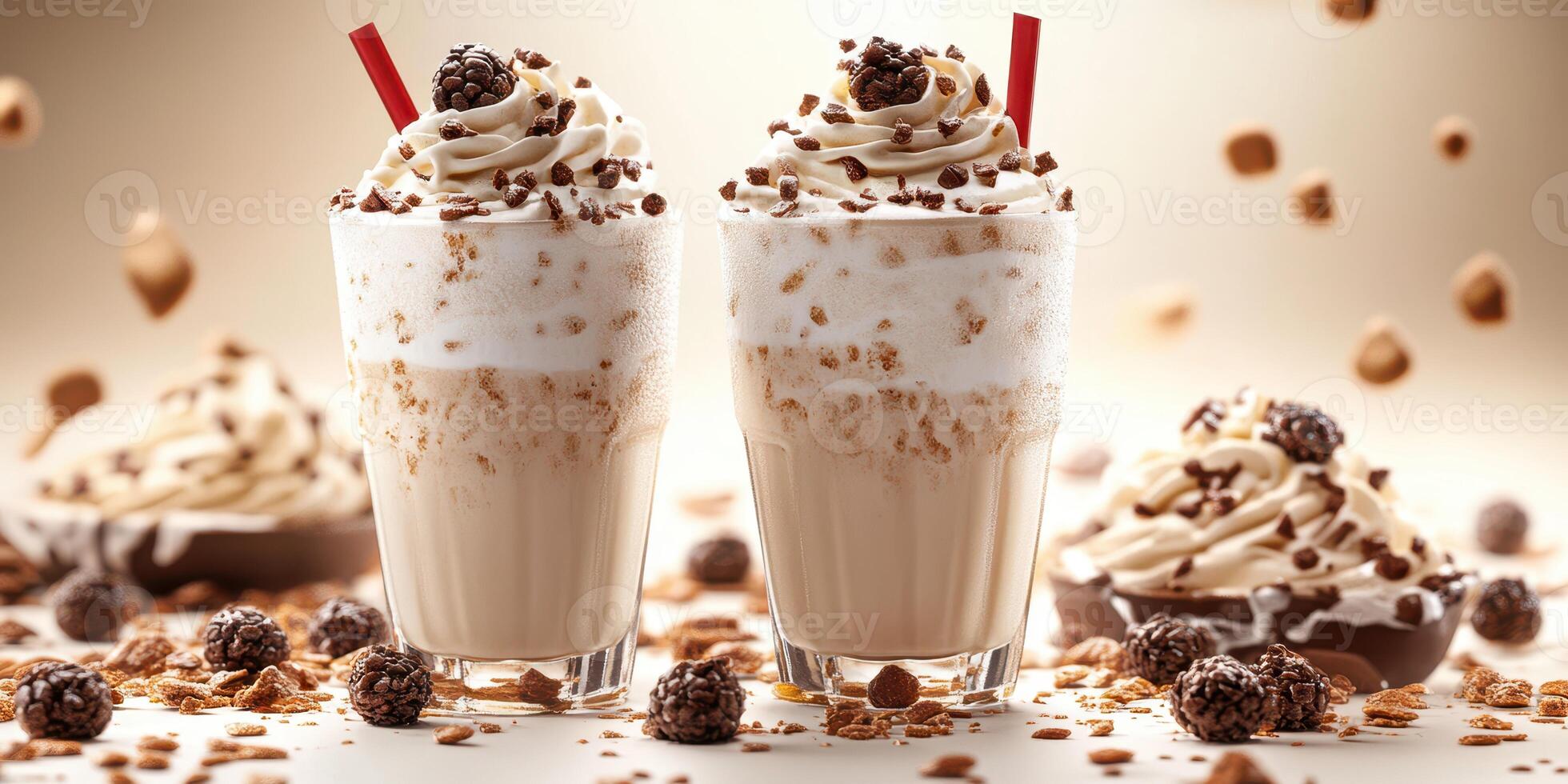 Creamy dessert shakes topped with chocolate sprinkles and berries on a light background at a dessert bar photo