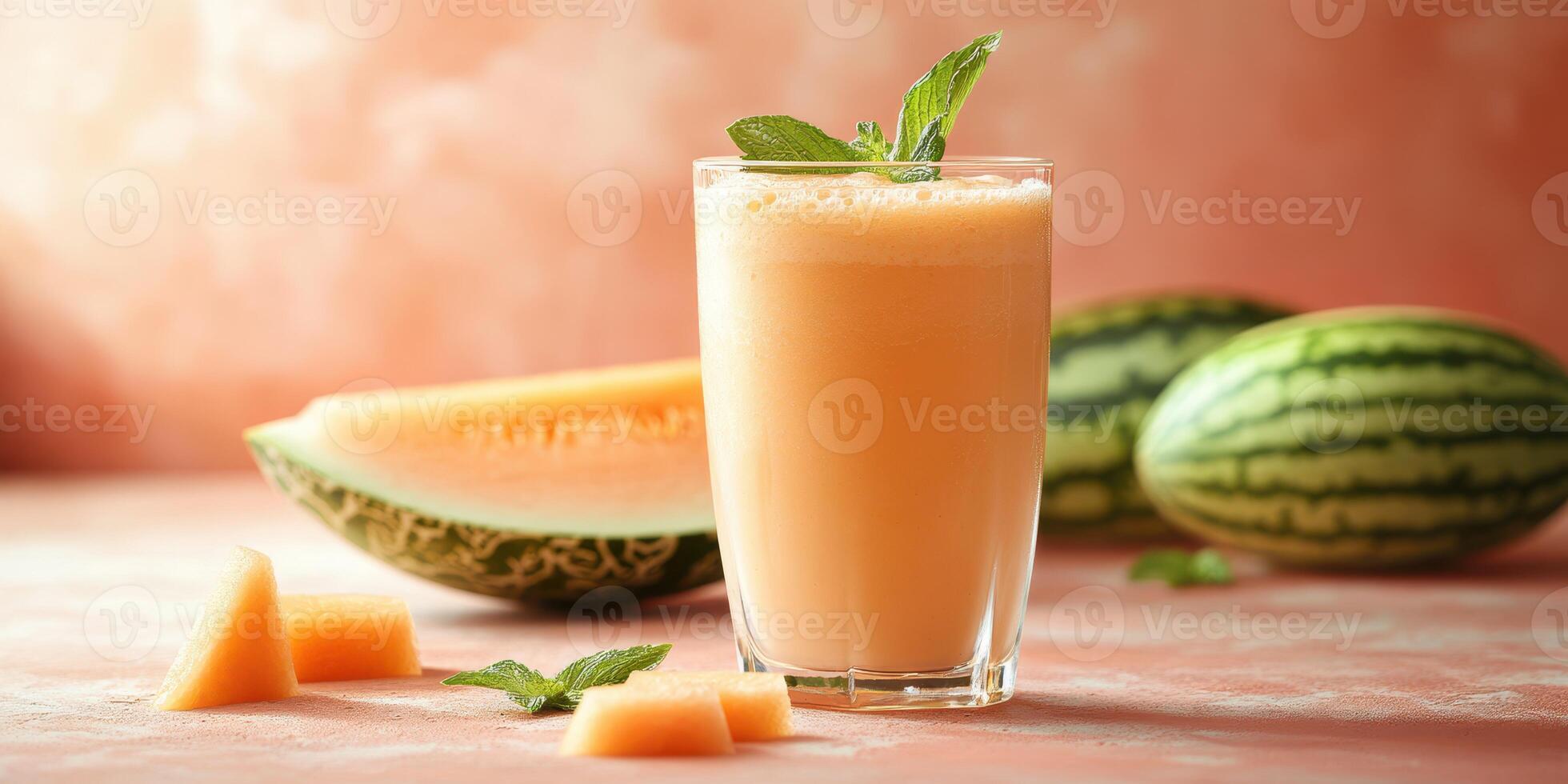 Refreshing melon smoothie served in a tall glass with mint leaves on a rustic counter photo
