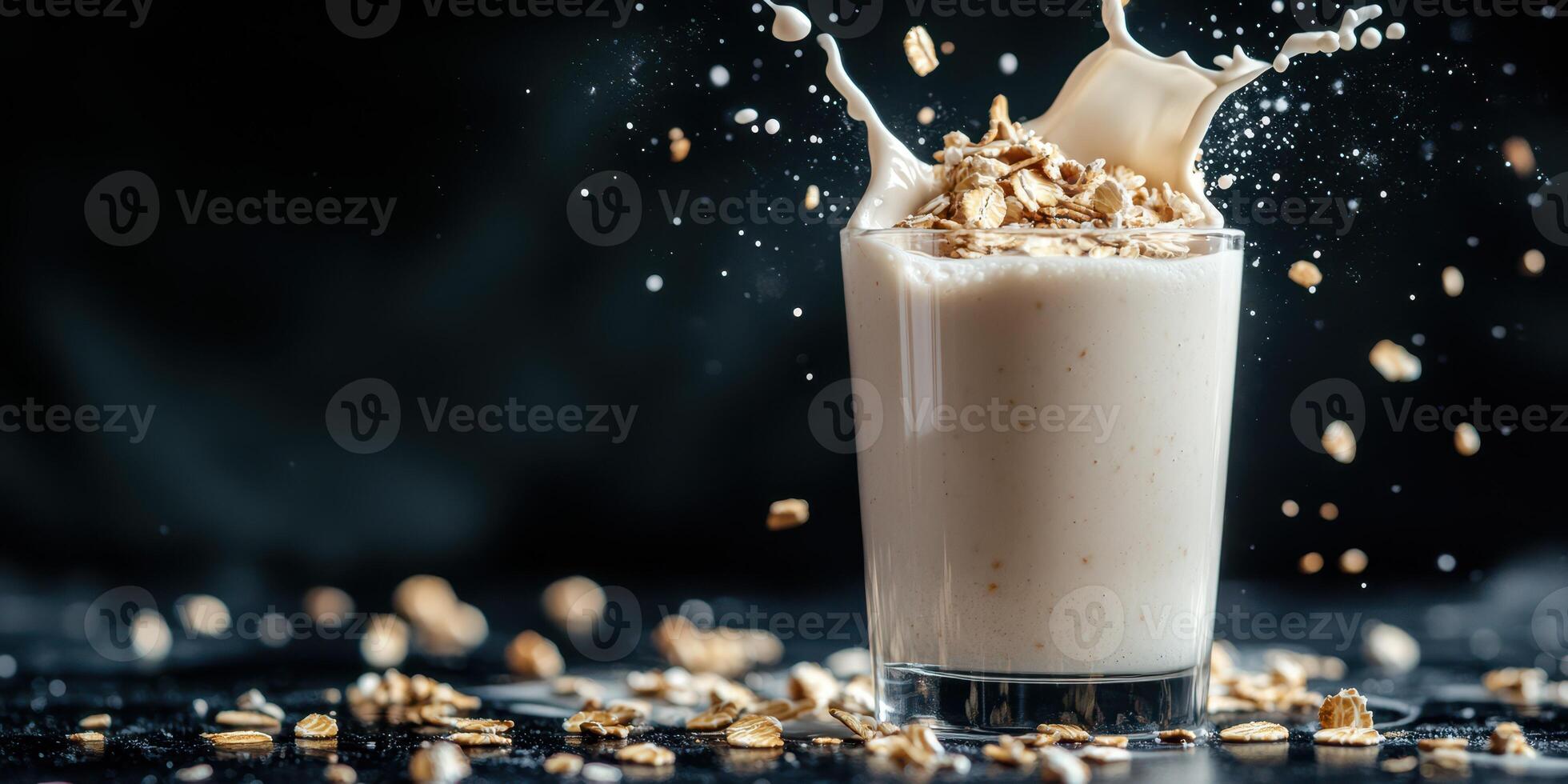 Creamy oat drink with splashing milk and oats captured in a high-contrast setting photo