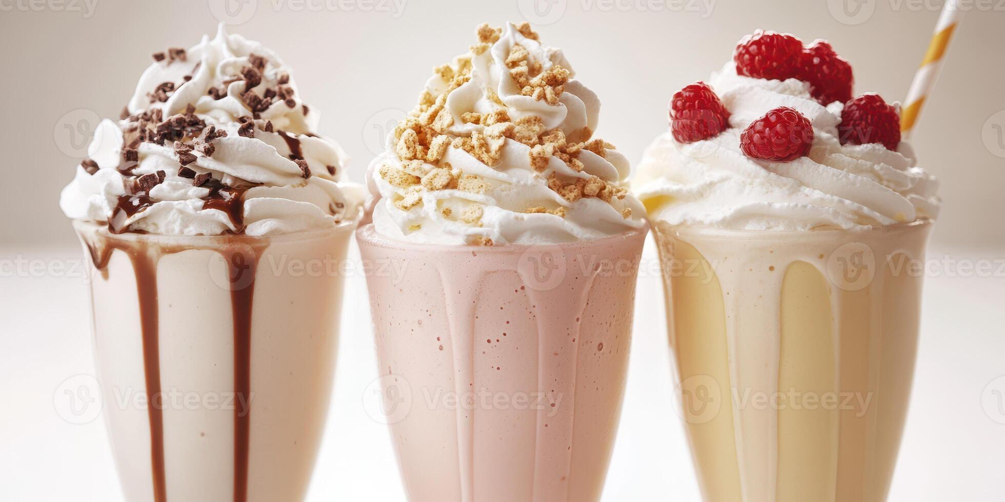 Delicious variety of milkshakes with toppings displayed on a light background photo