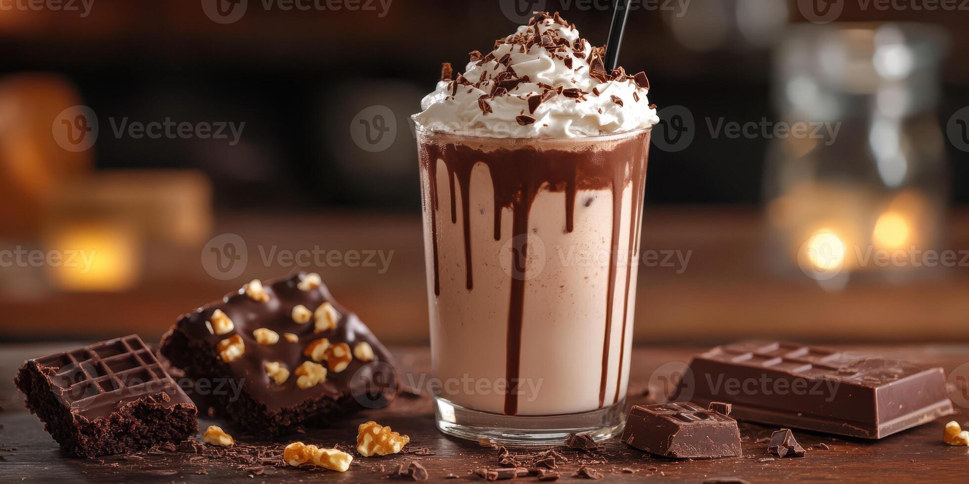 Delicious chocolate shake with whipped cream and chocolate toppings served in a cozy cafe during the evening photo