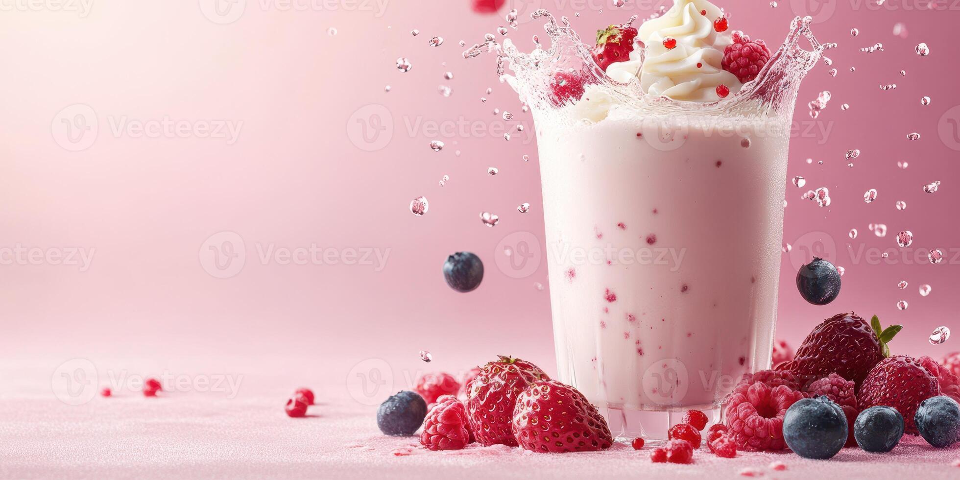 Refreshing berry smoothie bursting with flavor and colorful fruit on a pink background photo