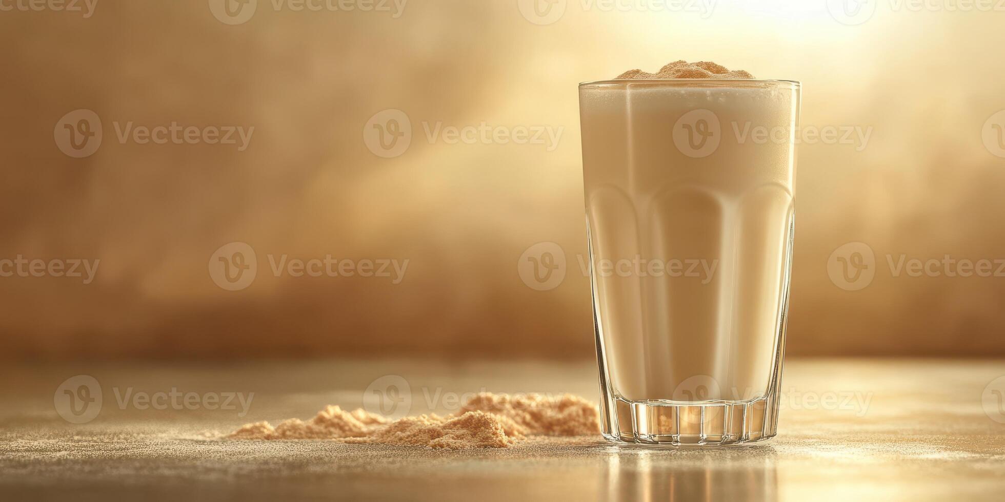 Creamy beverage with a sprinkle of powder on a rustic surface in warm light during the evening photo