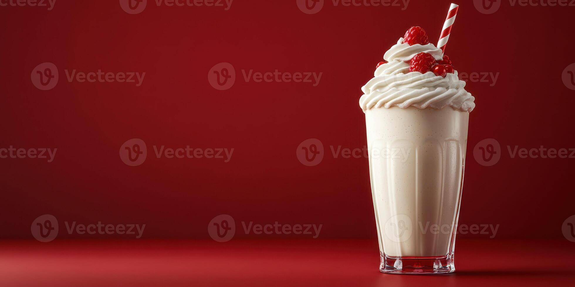 Creamy milkshake with whipped cream and cherries served in a tall glass against a bold red background photo