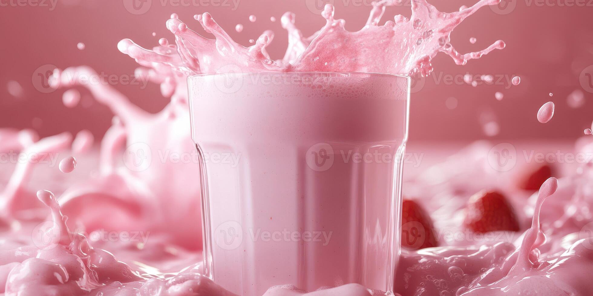 Refreshing strawberry milkshake splashing in a glass surrounded by creamy milk and fresh strawberries photo