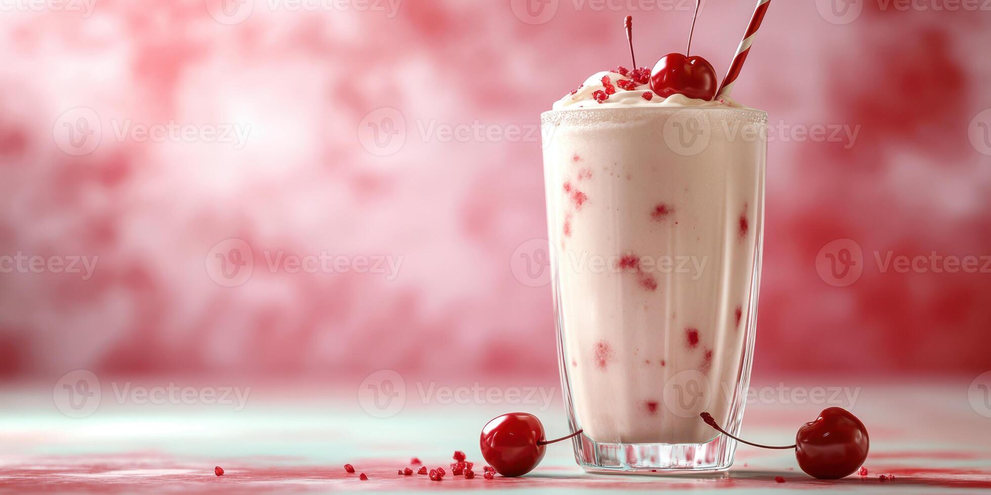 Refreshing cherry milkshake enjoyed in a colorful cafe setting on a warm afternoon photo