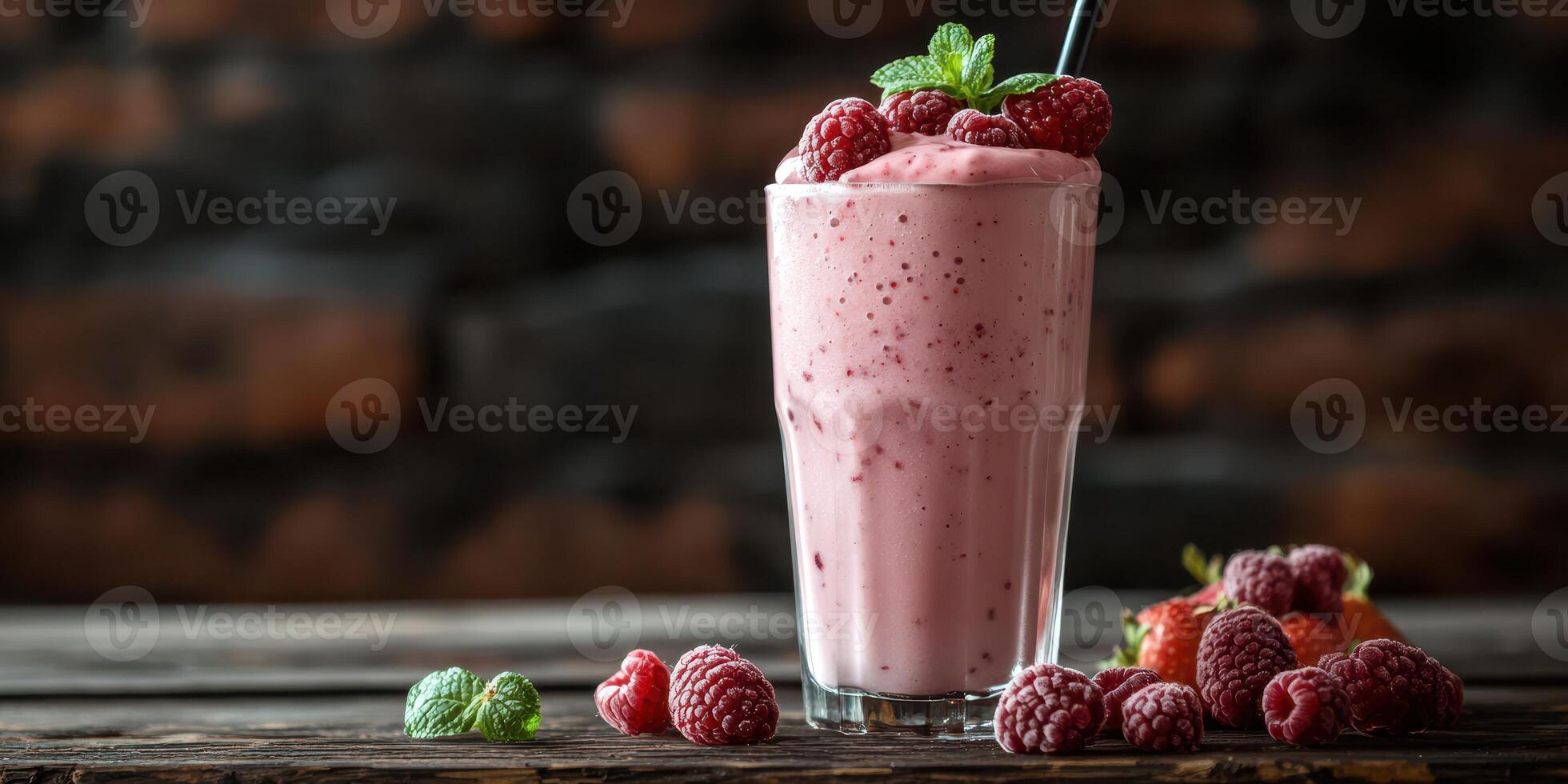 Refreshing raspberry smoothie served in a tall glass garnished with mint leaves and surrounded by fresh berries photo