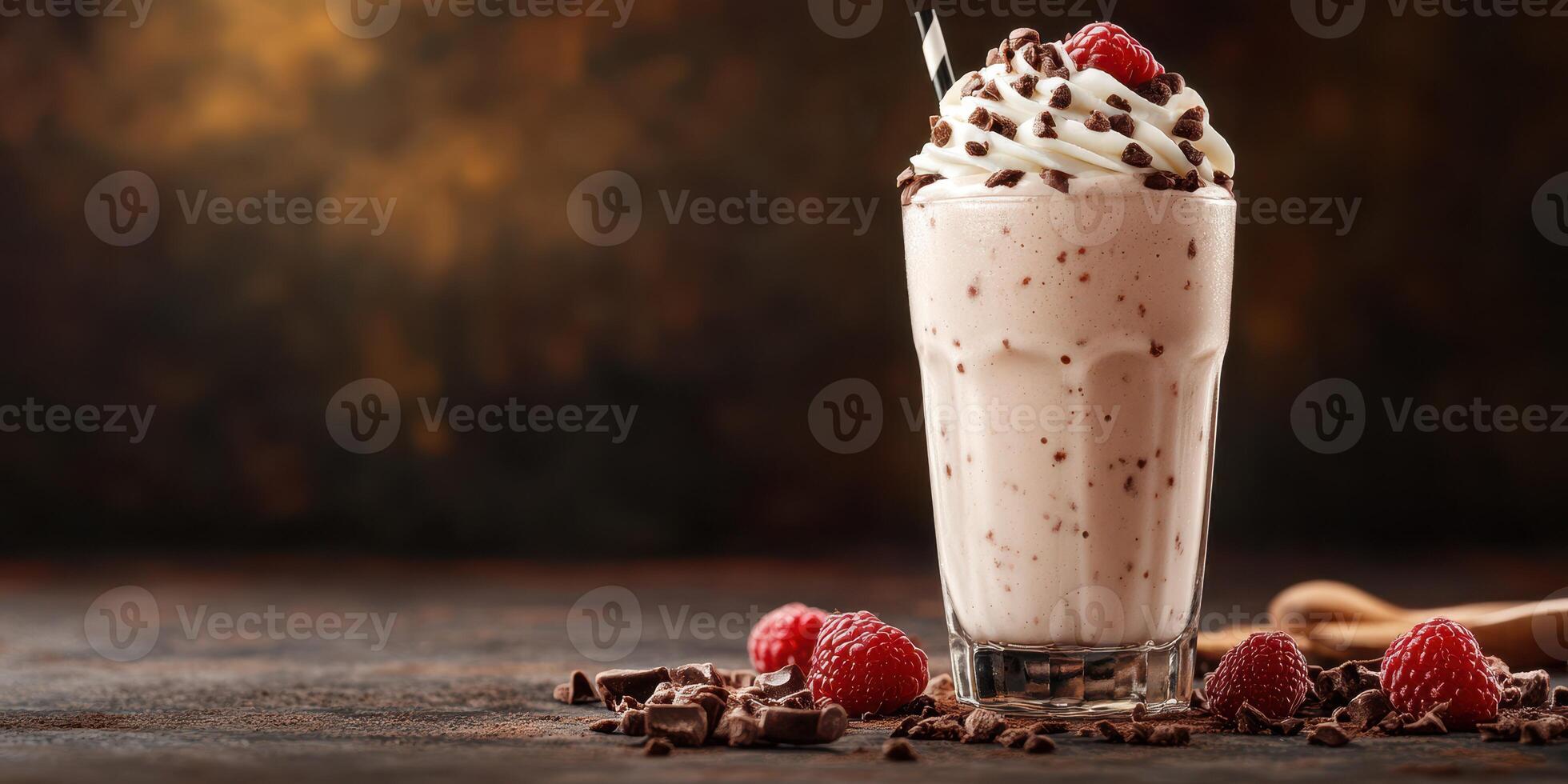 Creamy raspberry chocolate shake served in a glass with whipped cream and chocolate chips on a dark wooden surface photo