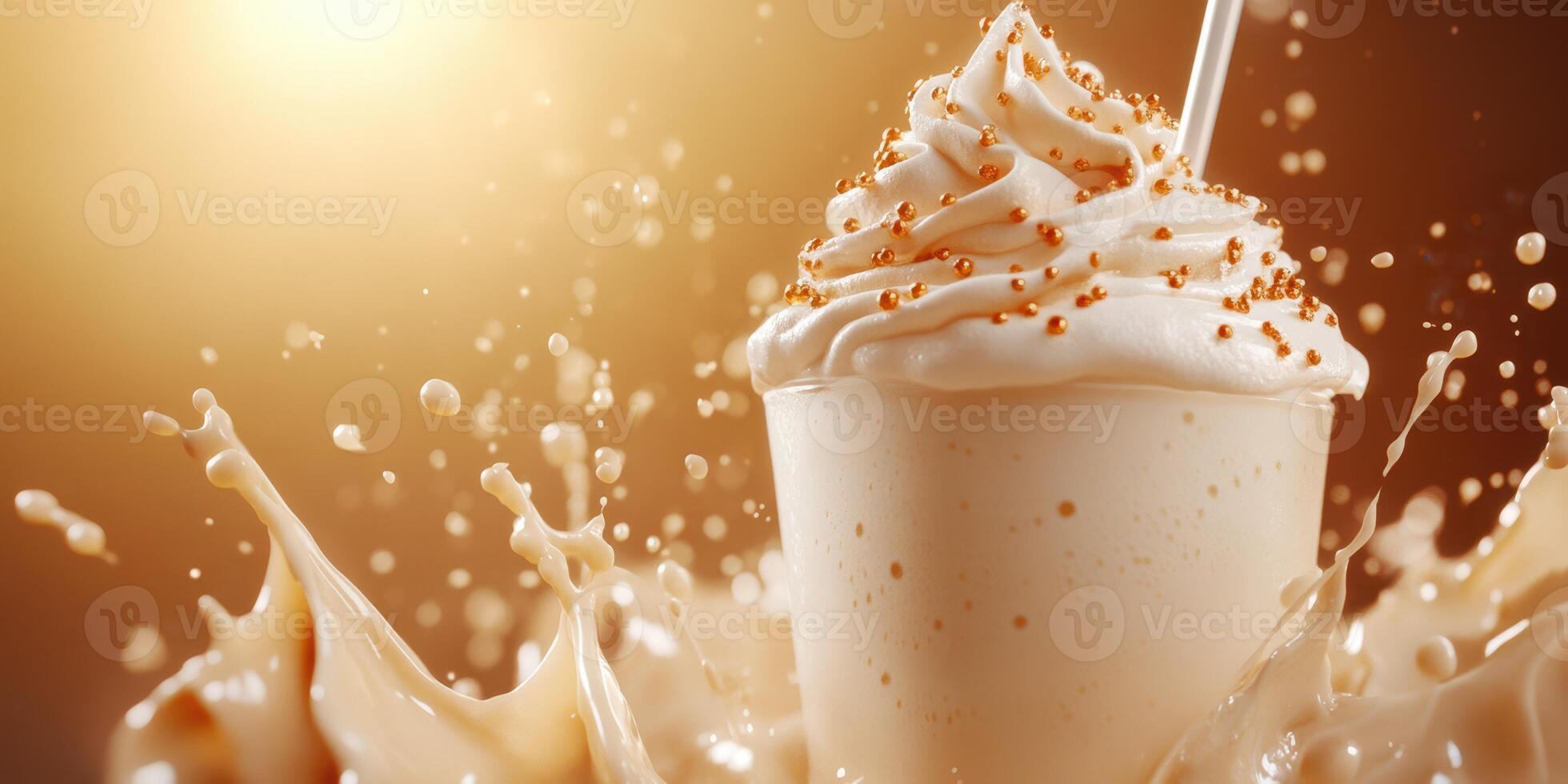 Delicious creamy dessert with whipped topping and caramel drizzle during golden hour photo