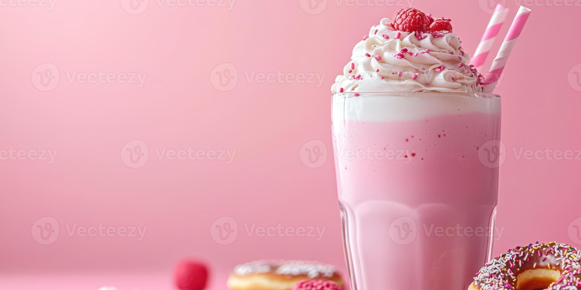 Delicious raspberry milkshake with whipped cream and donuts on a pastel pink background photo