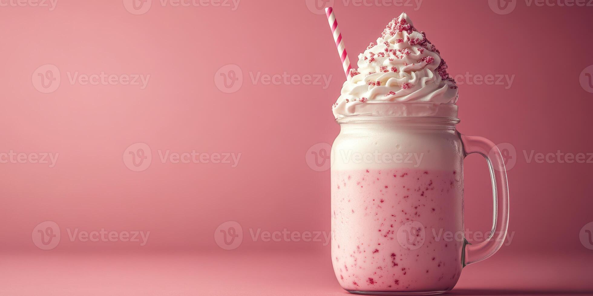 Creamy pink milkshake topped with whipped cream and a cherry in a clear jar on a soft pink background photo