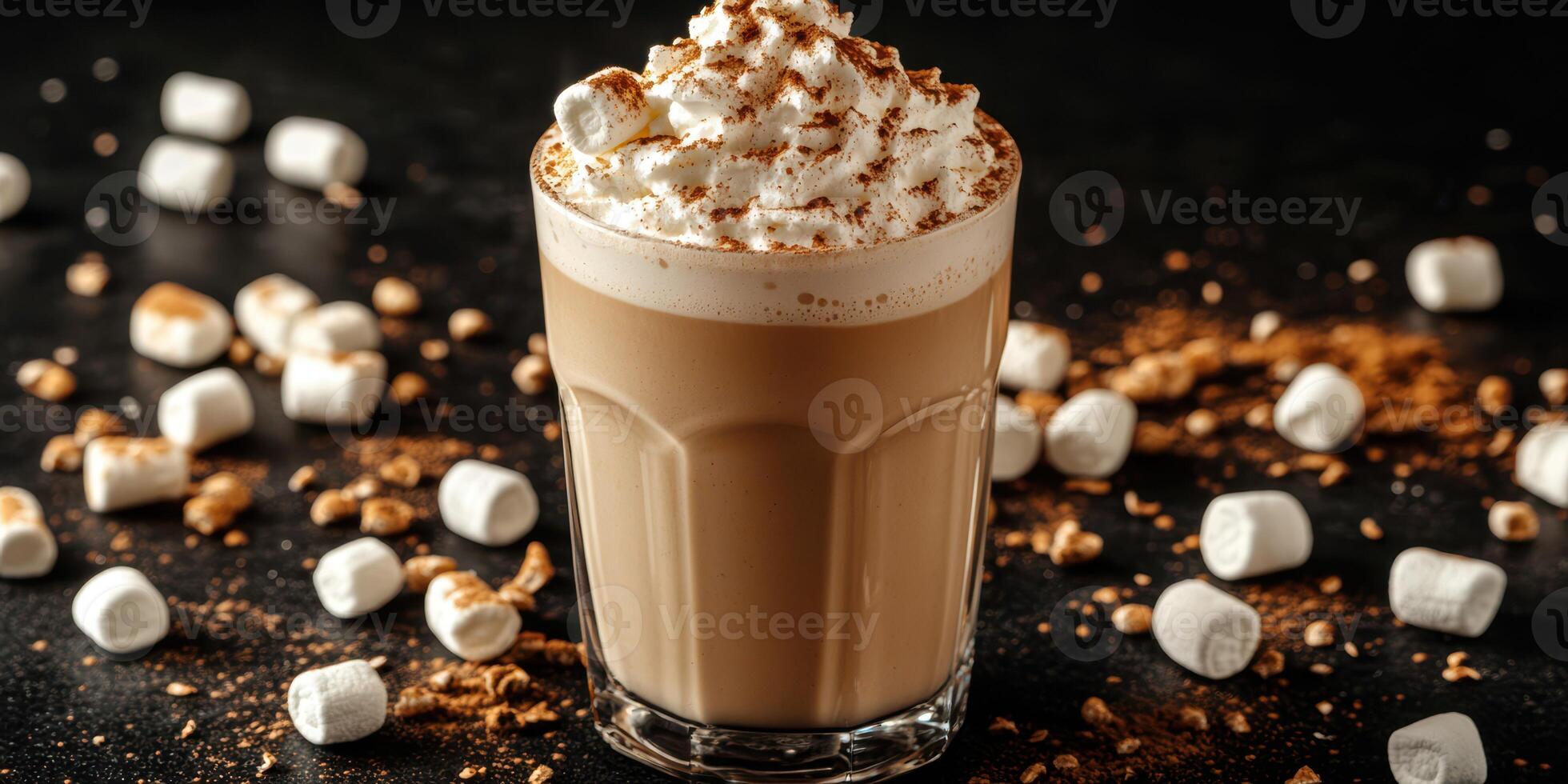 Creamy beverage topped with whipped cream and marshmallows is served on a dark surface photo