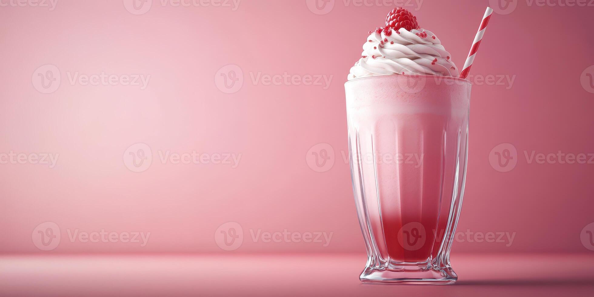 Refreshing milkshake topped with whipped cream and a cherry against a pink background photo