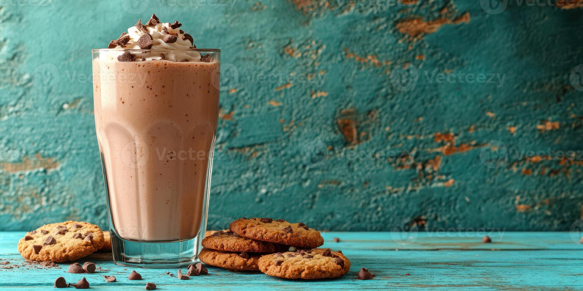 Chocolate milkshake served with fresh cookies on a rustic turquoise table photo