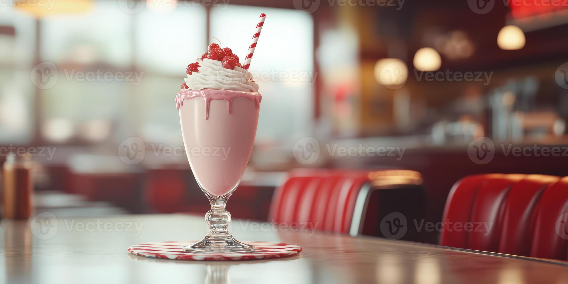 Enjoying a delicious pink milkshake topped with whipped cream and cherries at a retro diner during the afternoon photo