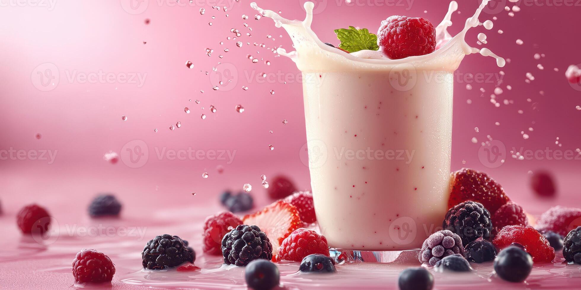 Fresh mixed berry smoothie splashing with vibrant colors on a soft pink background photo