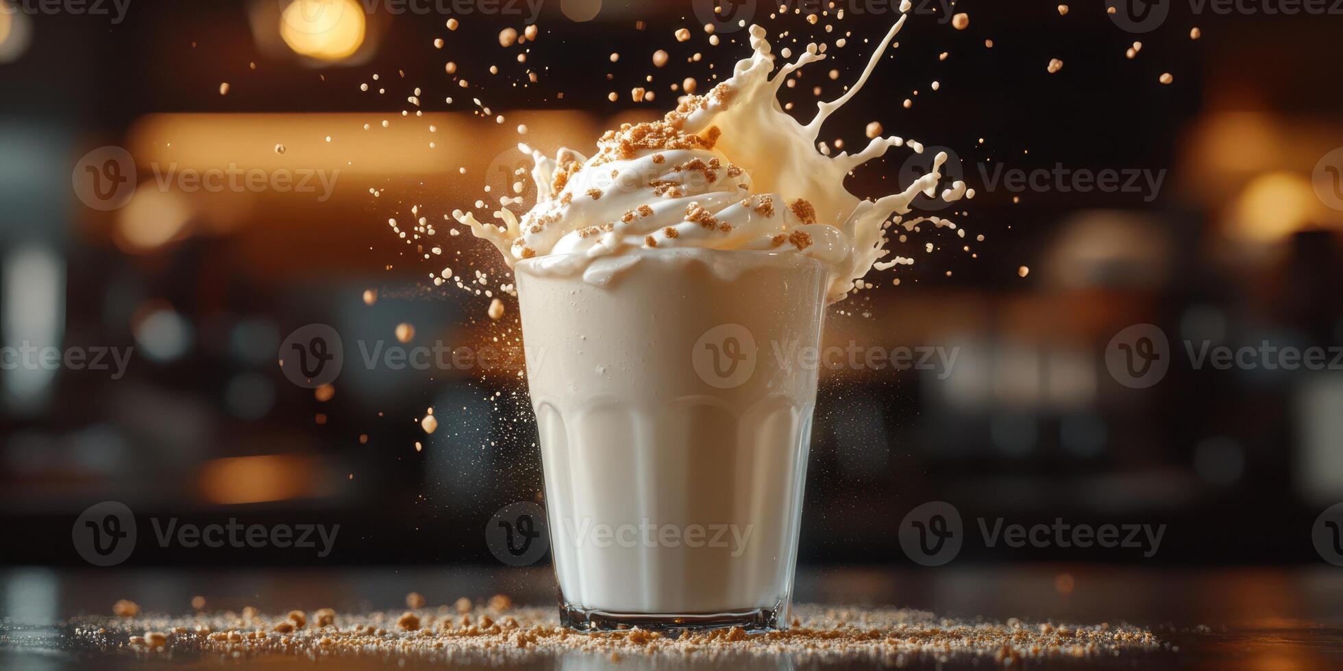 Creamy milkshake splashing in a clear glass on a tabletop in a cozy cafe with warm lighting photo