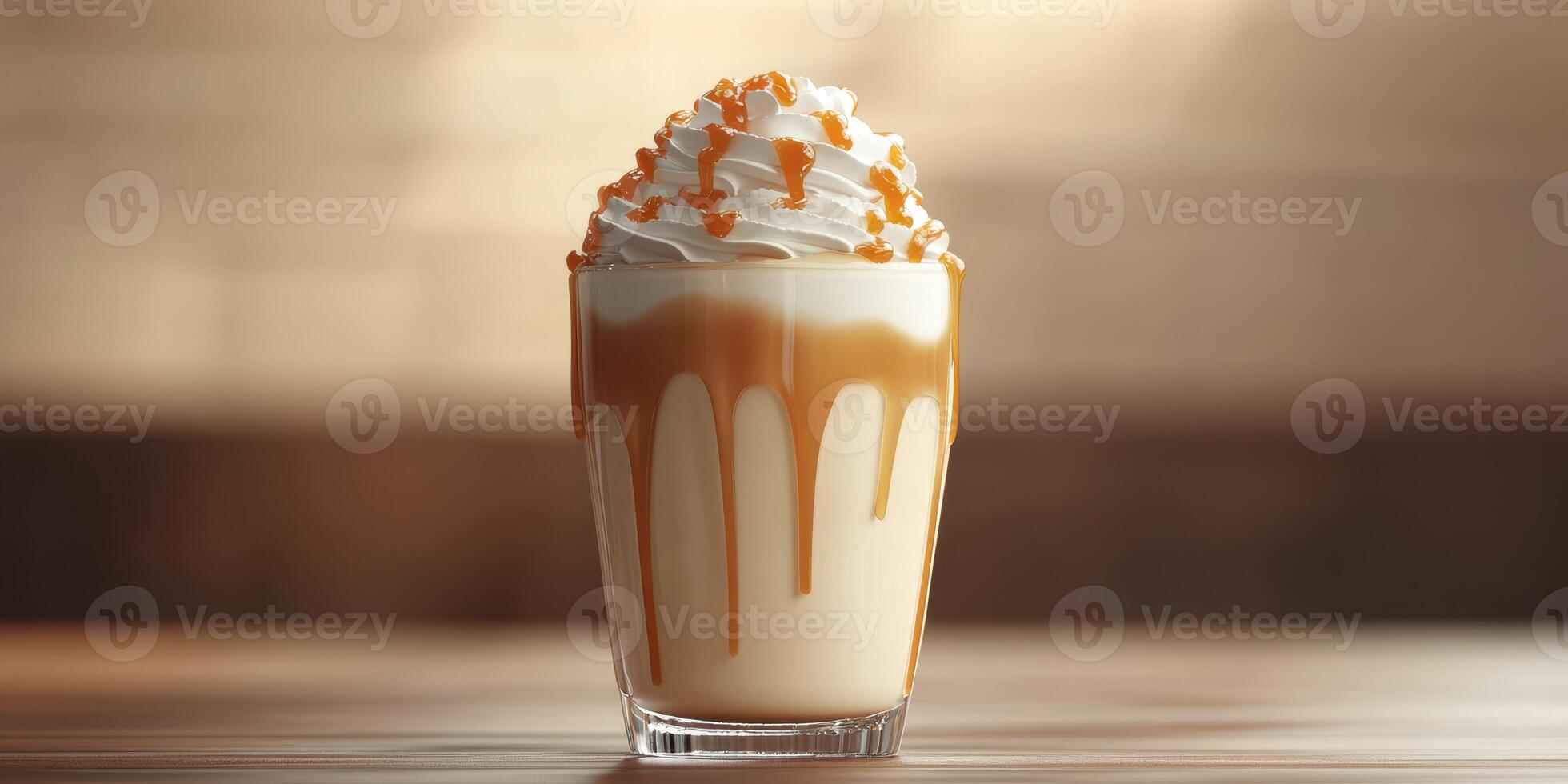 Creamy dessert beverage topped with whipped cream and caramel drizzle on a wooden table photo