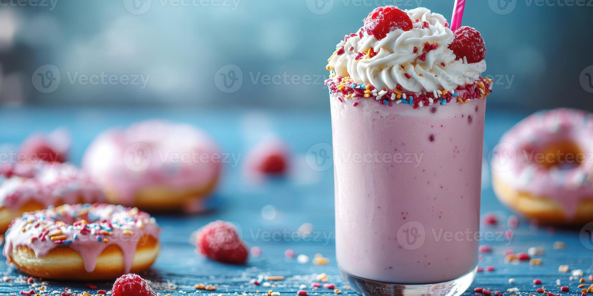 Delicious raspberry milkshake topped with whipped cream and sprinkles beside colorful donuts on a blue background photo