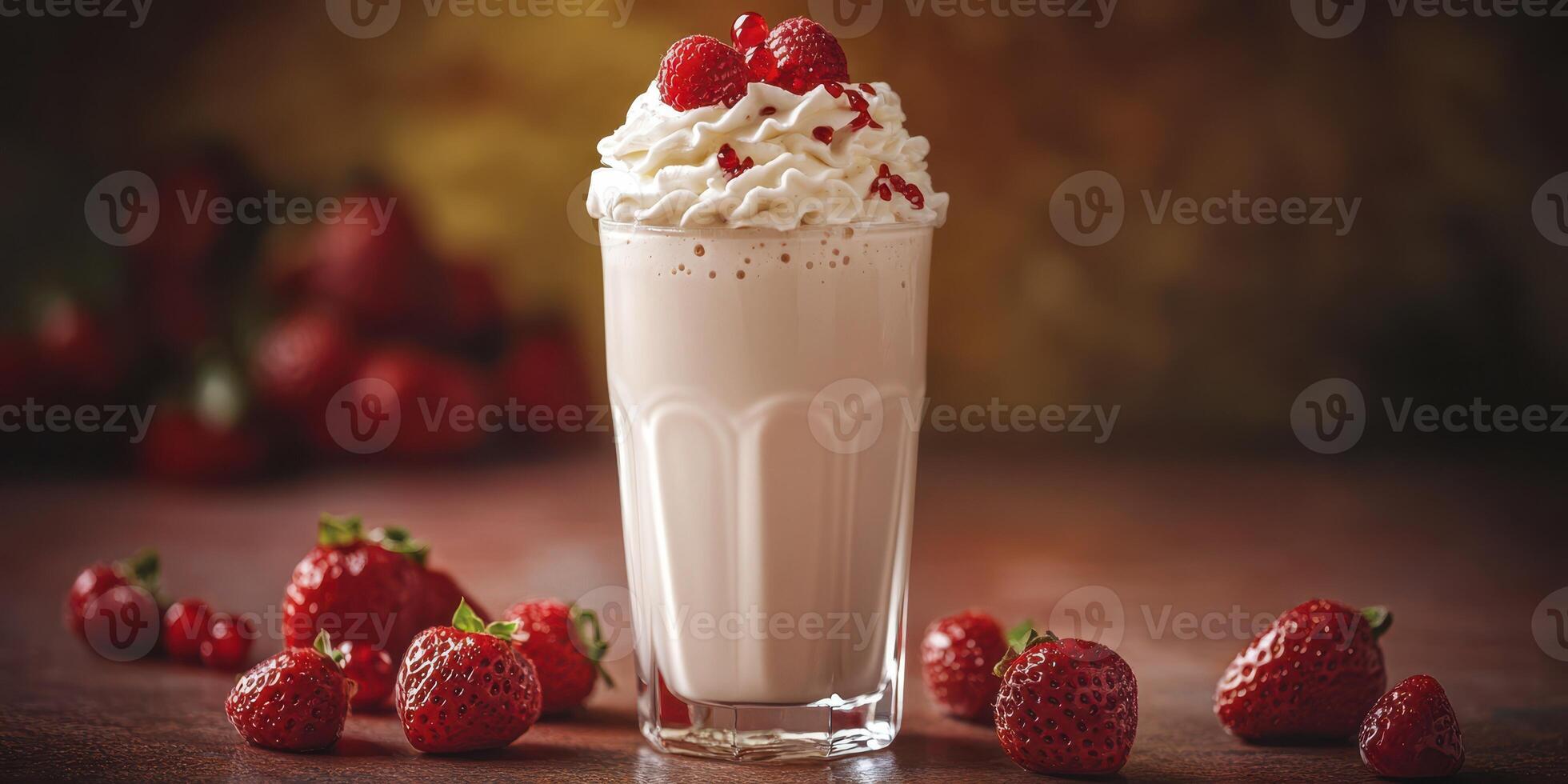 Frosty berry milkshake topped with whipped cream and fresh raspberries in a cozy setting photo