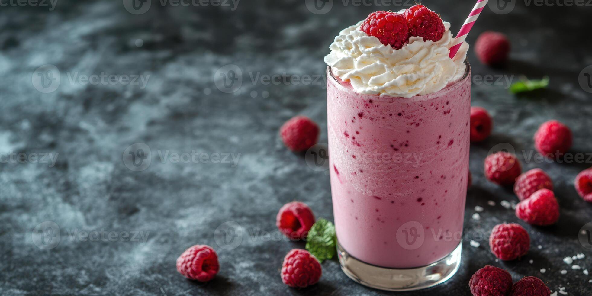 Refreshing raspberry smoothie served with whipped cream, perfect for a summer day photo