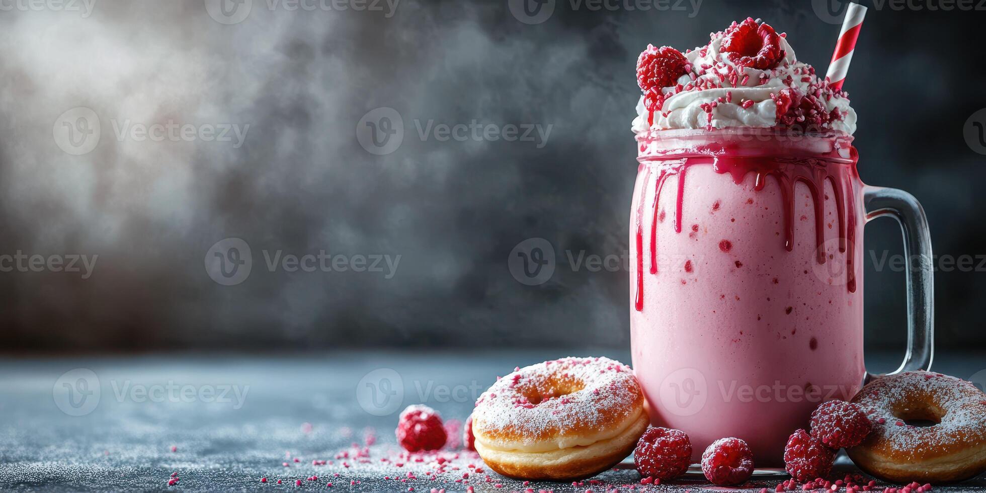 Delicious pink raspberry milkshake served with donuts on a rustic table, perfect for dessert lovers photo