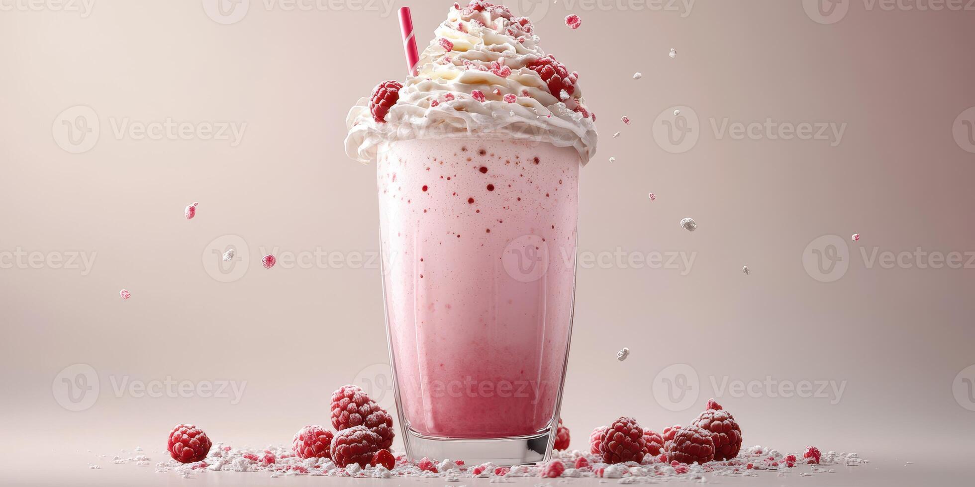 Beautiful raspberry milkshake topped with whipped cream and berries in a glass on a neutral background photo