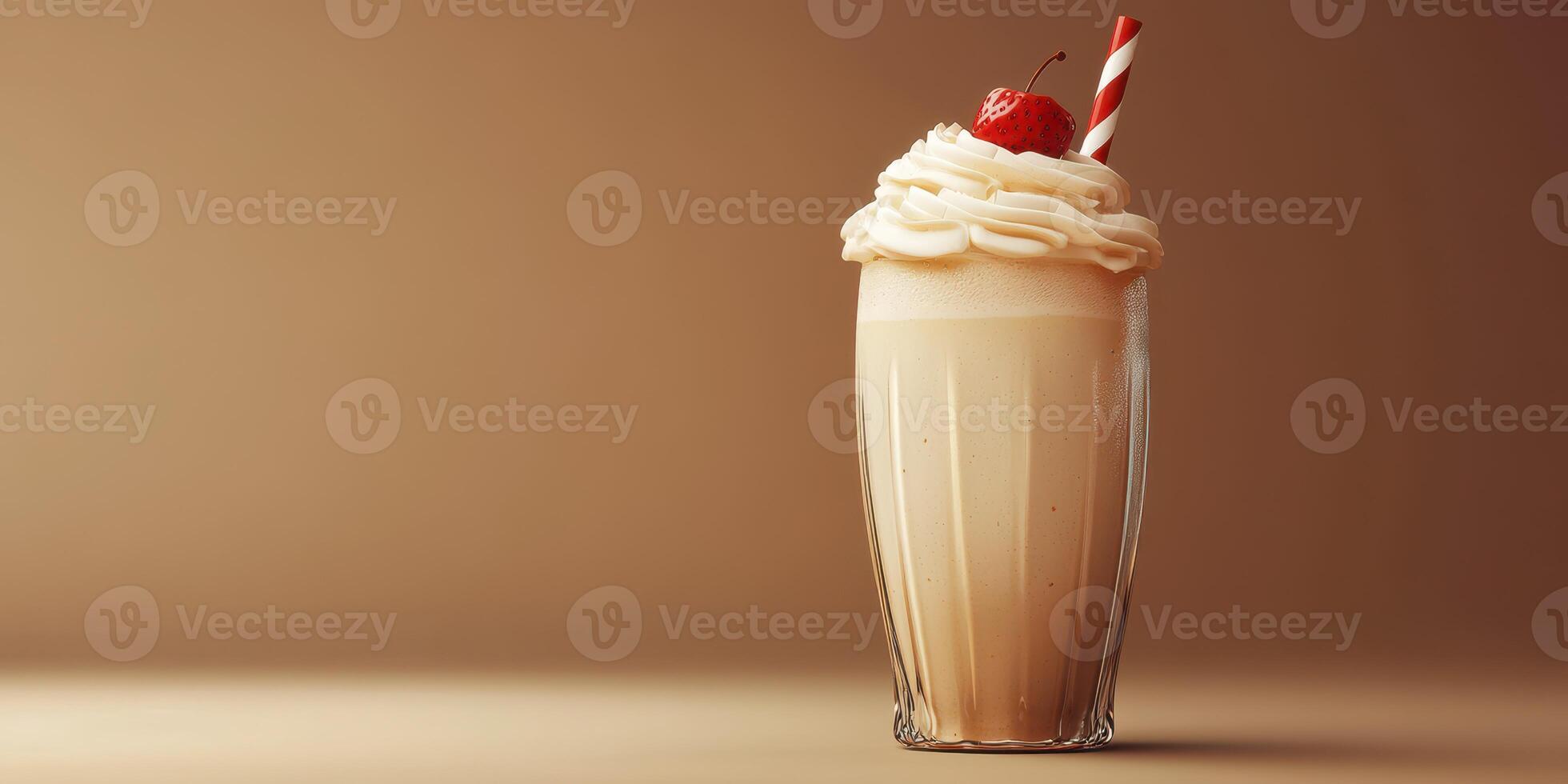 Creamy milkshake topped with whipped cream and cherry served in a tall glass on a warm backdrop photo