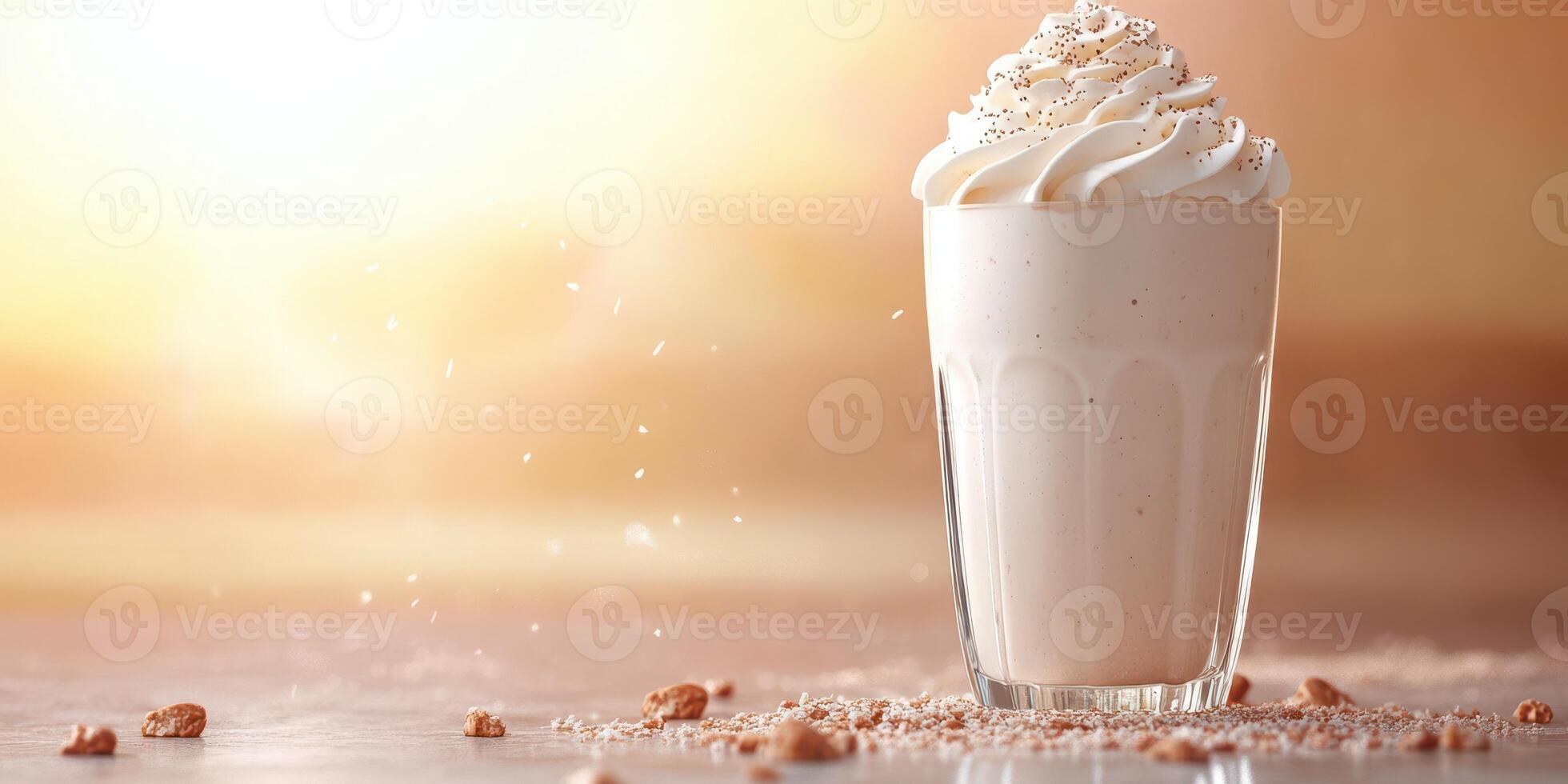 Creamy frosted dessert drink served in a tall glass with a sunset backdrop at a warm evening gathering photo