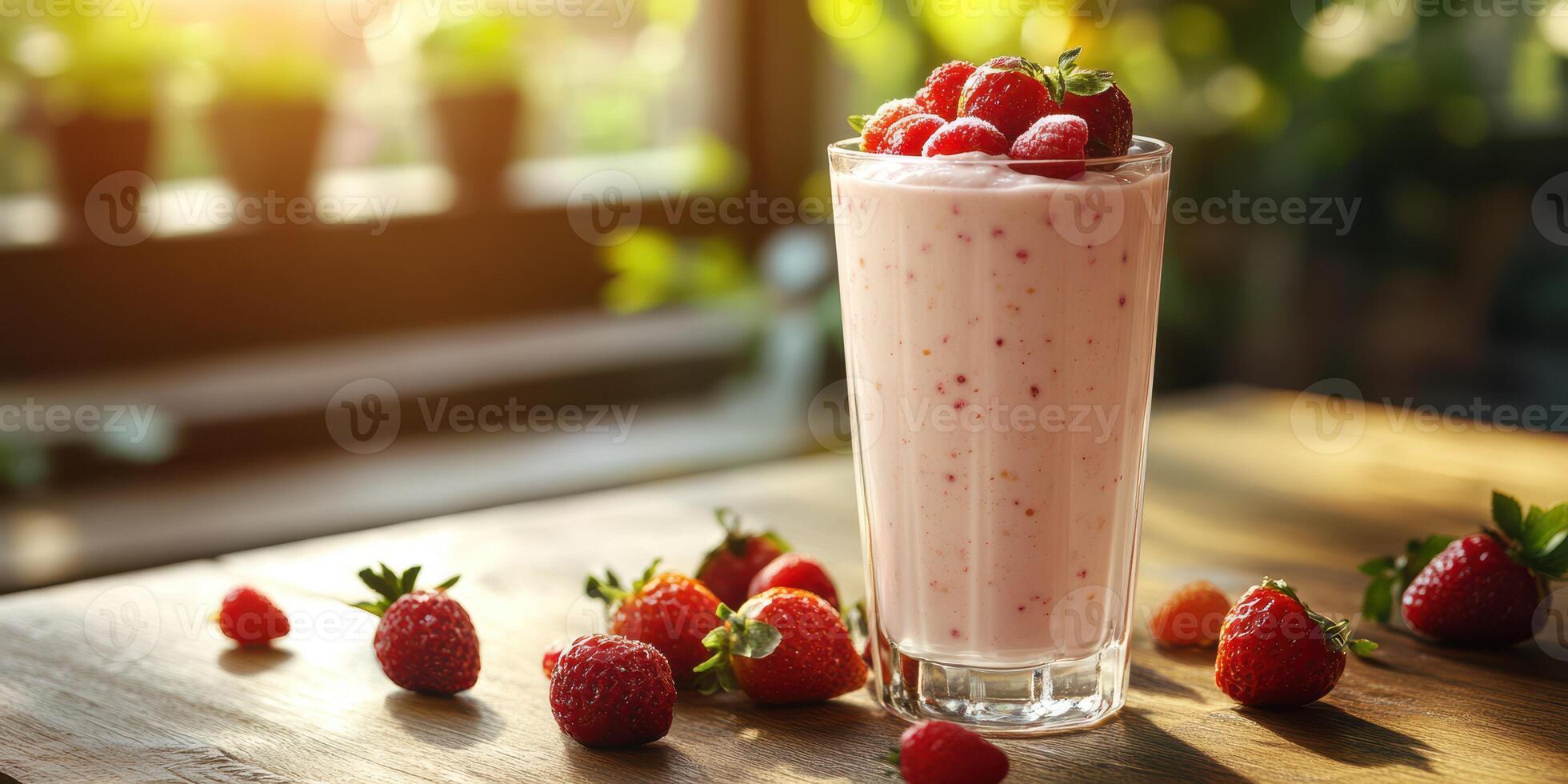 Fresh strawberry smoothie served in a glass with berries on a wooden table during golden hour photo