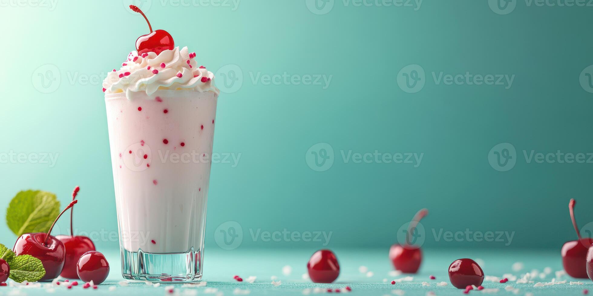 Delicious cherry vanilla milkshake with whipped cream and cherries on a mint green background photo