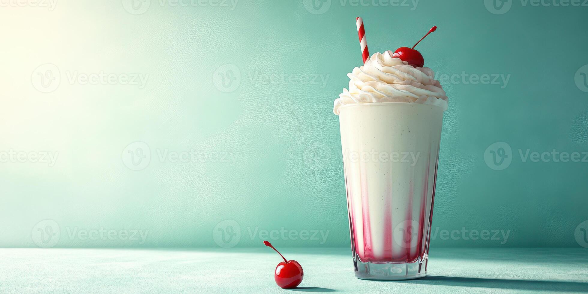 Refreshing milkshake topped with whipped cream and cherries on a turquoise surface photo