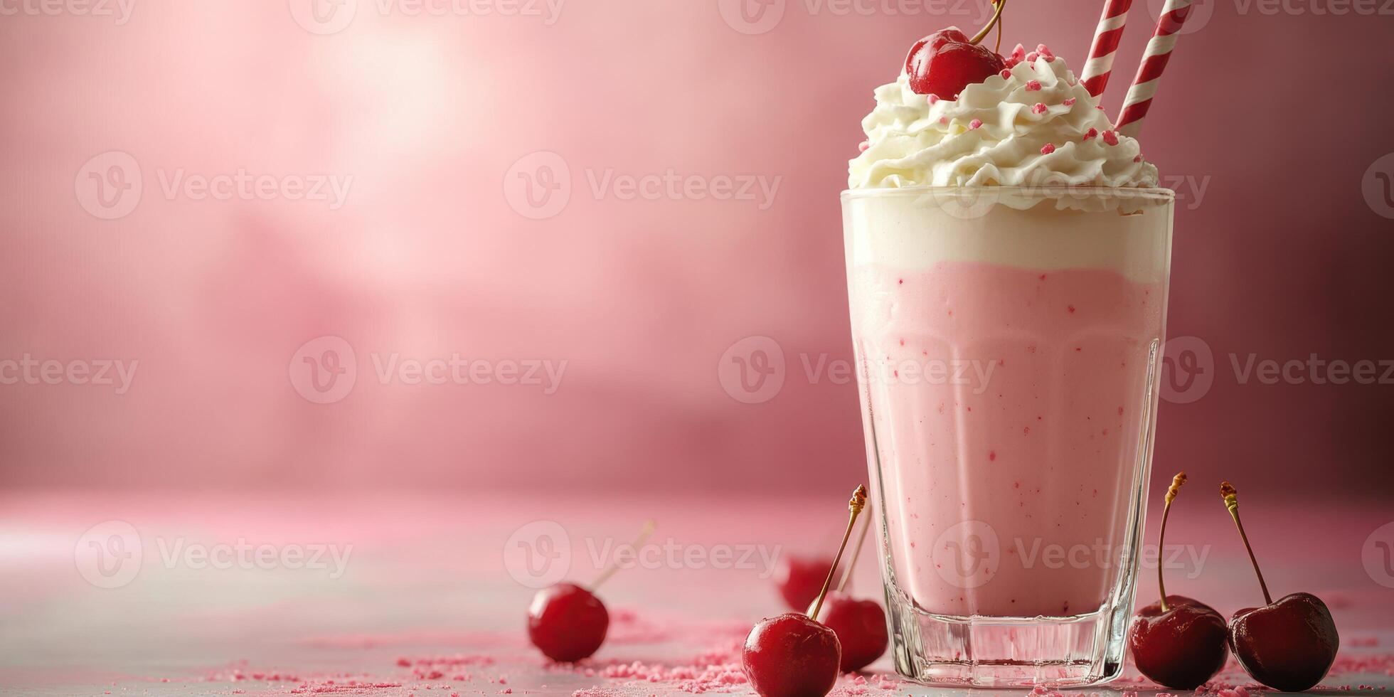 Refreshing cherry milkshake served in a tall glass with whipped cream and cherries at a dessert shop on a sunny afternoon photo