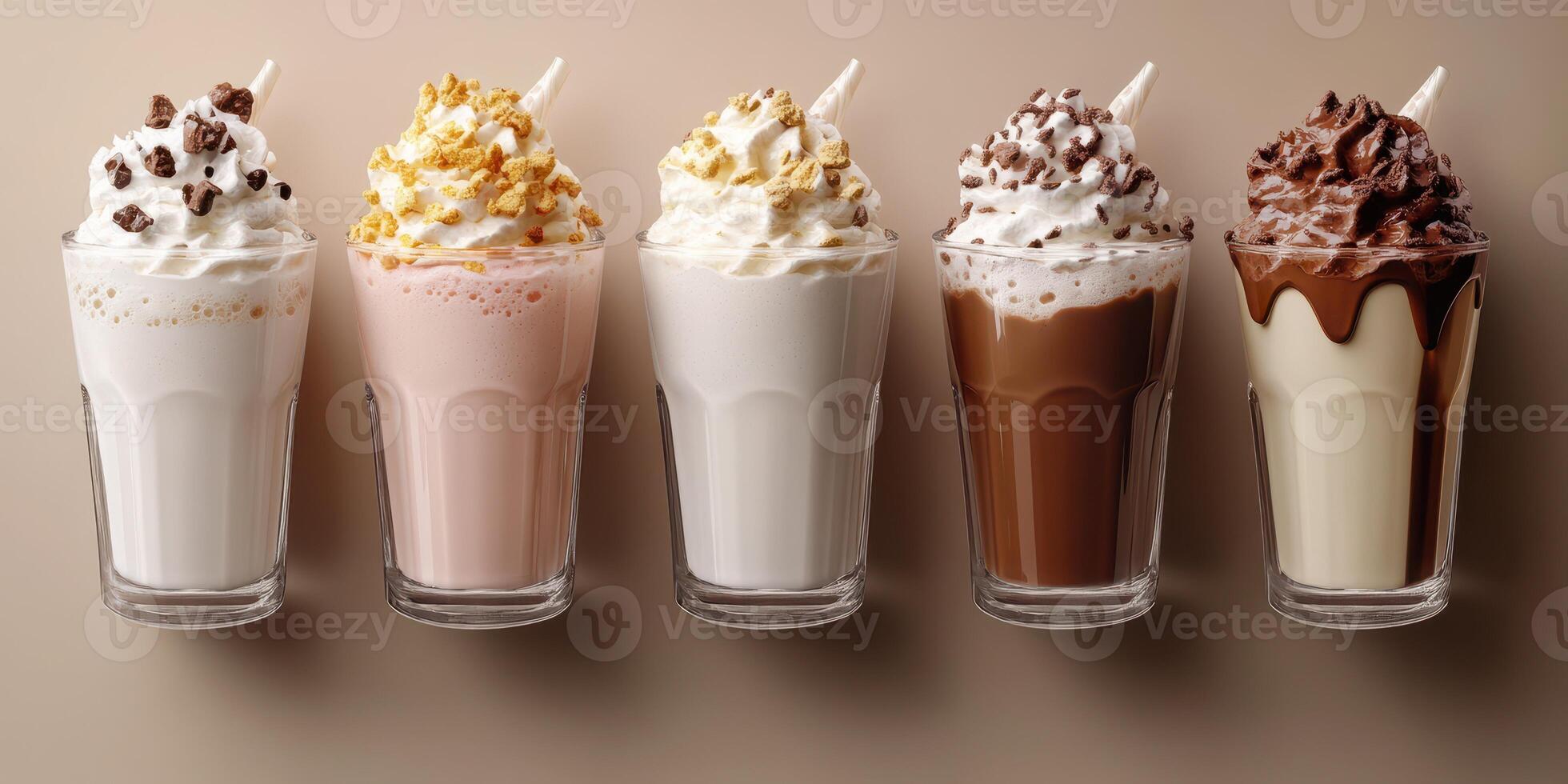 Creamy milkshakes in a row showcasing diverse flavors and toppings at a dessert cafe in the afternoon photo