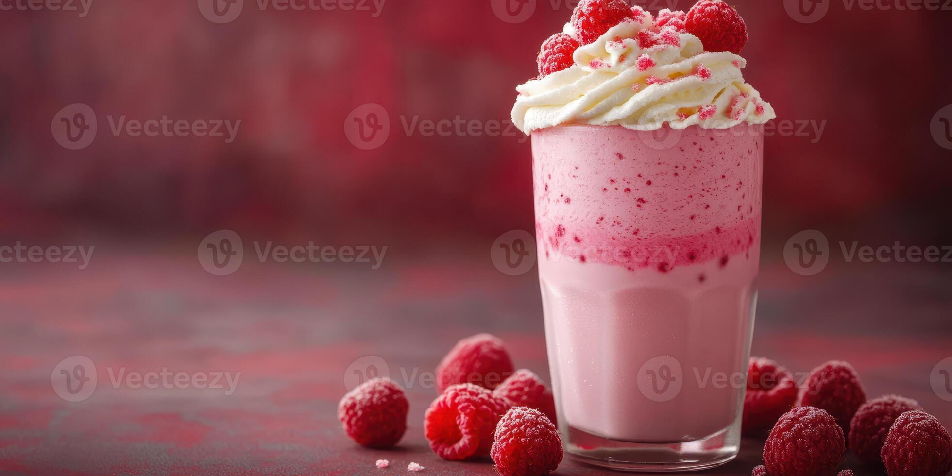 Delicious raspberry milkshake topped with whipped cream and fresh raspberries served in a clear glass photo