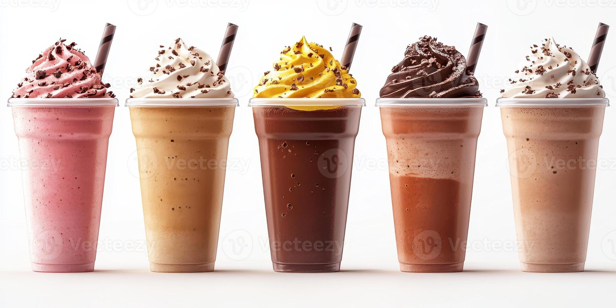 Delicious variety of milkshakes in colorful cups on a plain background for a refreshing treat photo