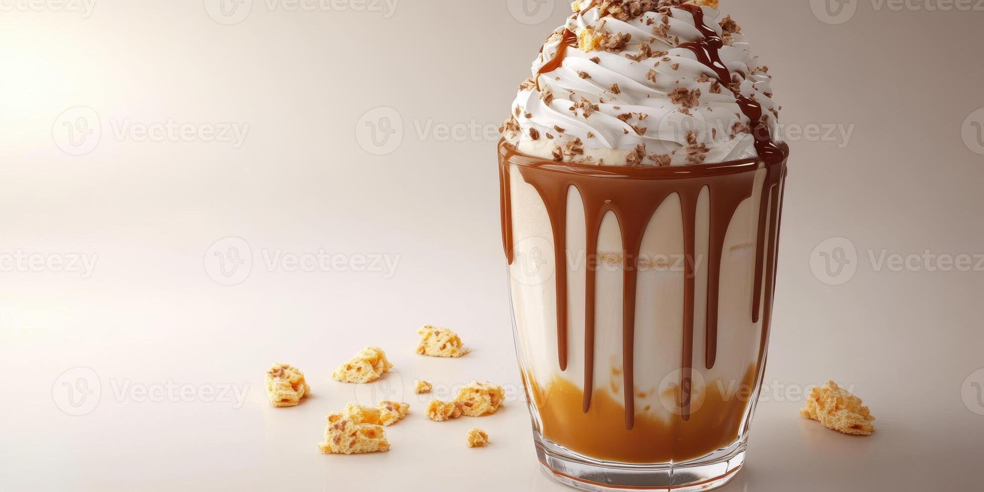 Ice cream dessert with whipped cream and caramel drizzled on top served in a glass with crumbled cookies on a plain background photo