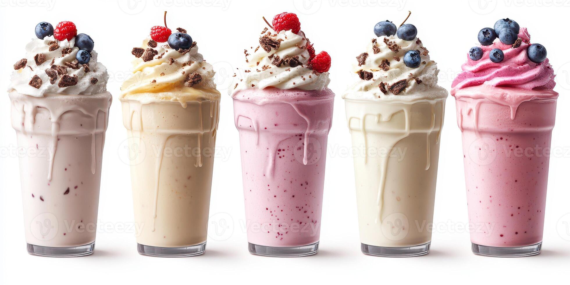Delicious milkshakes in various flavors topped with whipped cream and fresh berries displayed on a white background photo