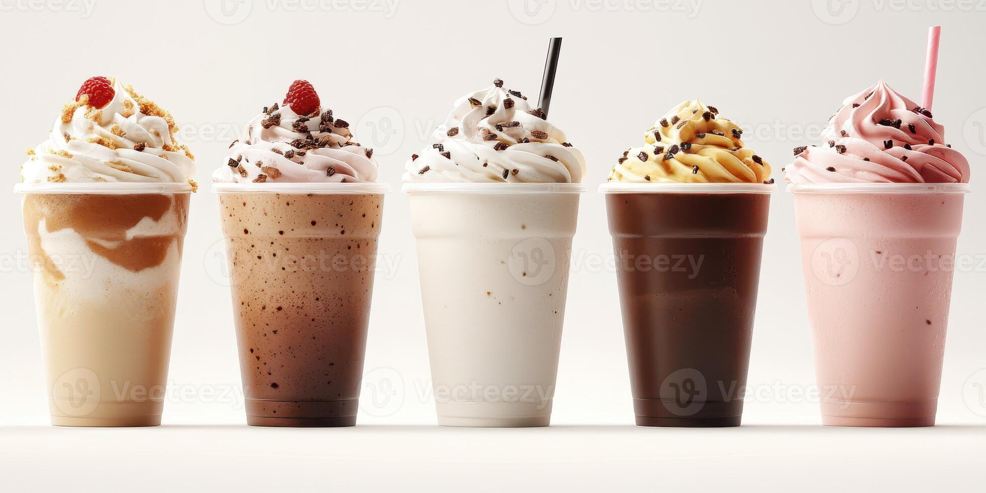 Delicious variety of milkshakes in colorful cups on display in a bright environment photo